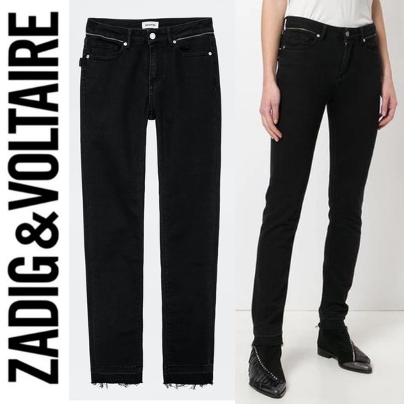 Zadig & Voltaire Paris Eva Zip Jeans Raw Released Hem Slim Skinny Black 27 - Picture 2 of 16